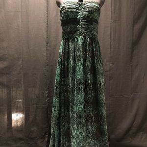 Green and black strapless ball gown